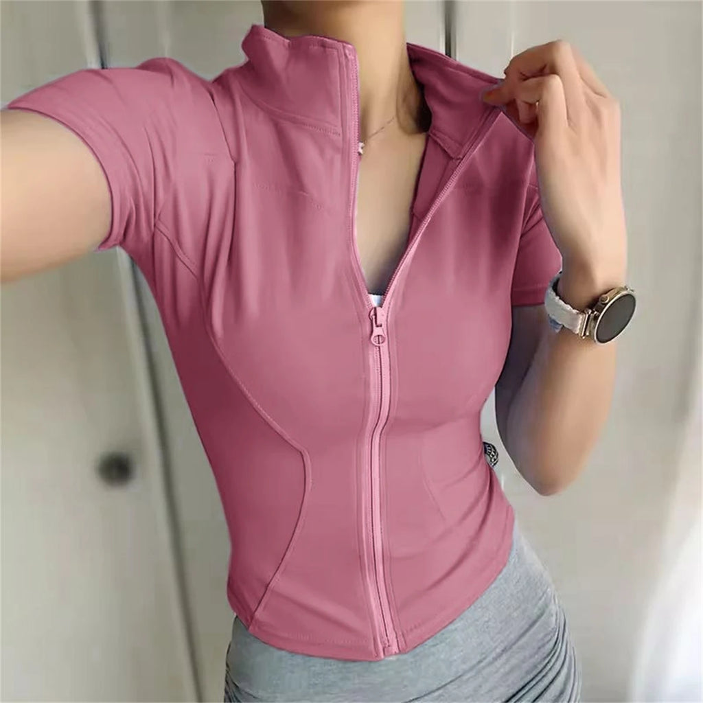 Women’s Slim Fit Zip-Up Court Shirt – Short Sleeve Stand Collar Top