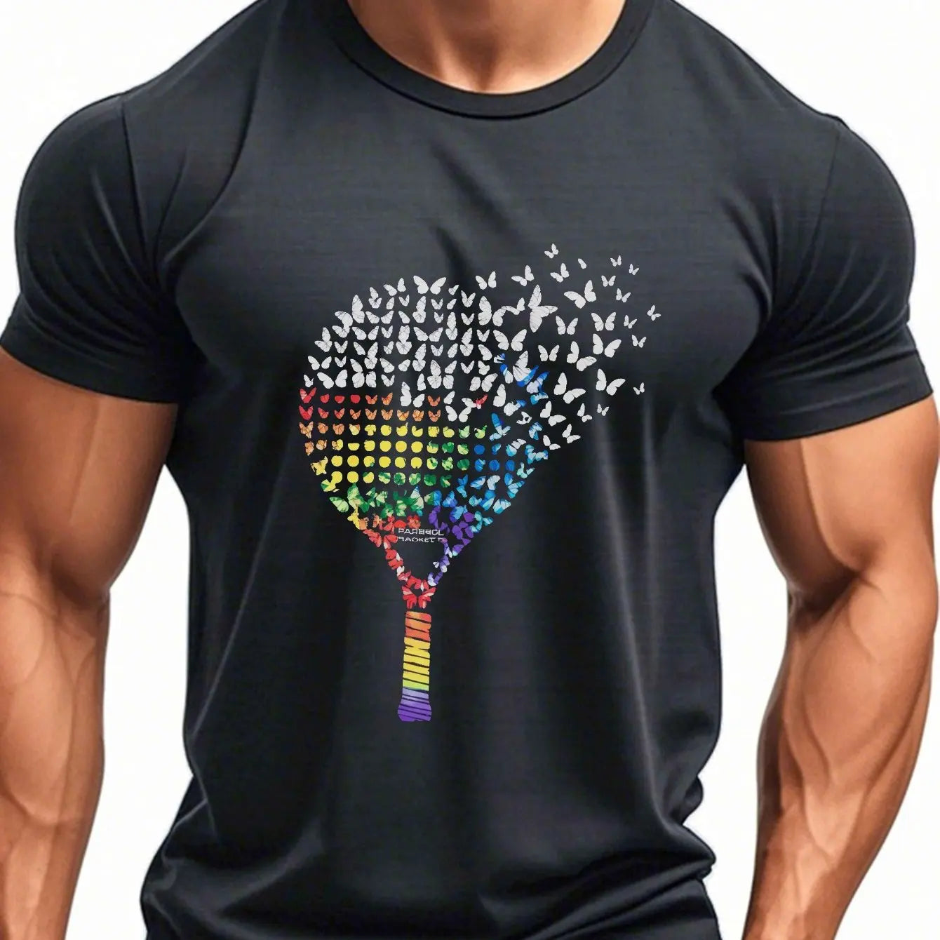 Men’s Padel T-Shirt – Black Casual Tee with Colorful Butterfly & Racket Graphic