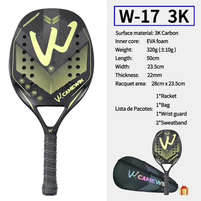 CAMEWIN 3K Carbon Fiber Padel & Beach Tennis Racket – Rough Surface with Protective Bag