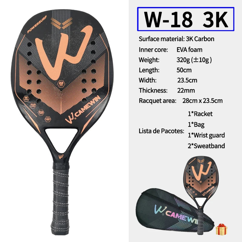 CAMEWIN 3K Carbon Fiber Padel & Beach Tennis Racket – Rough Surface with Protective Bag