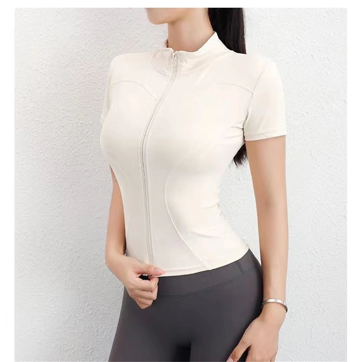 Women’s Slim Fit Zip-Up Court Shirt – Short Sleeve Stand Collar Top