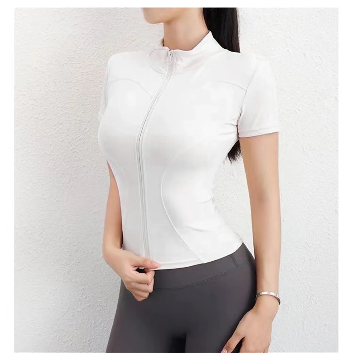 Women’s Slim Fit Zip-Up Court Shirt – Short Sleeve Stand Collar Top