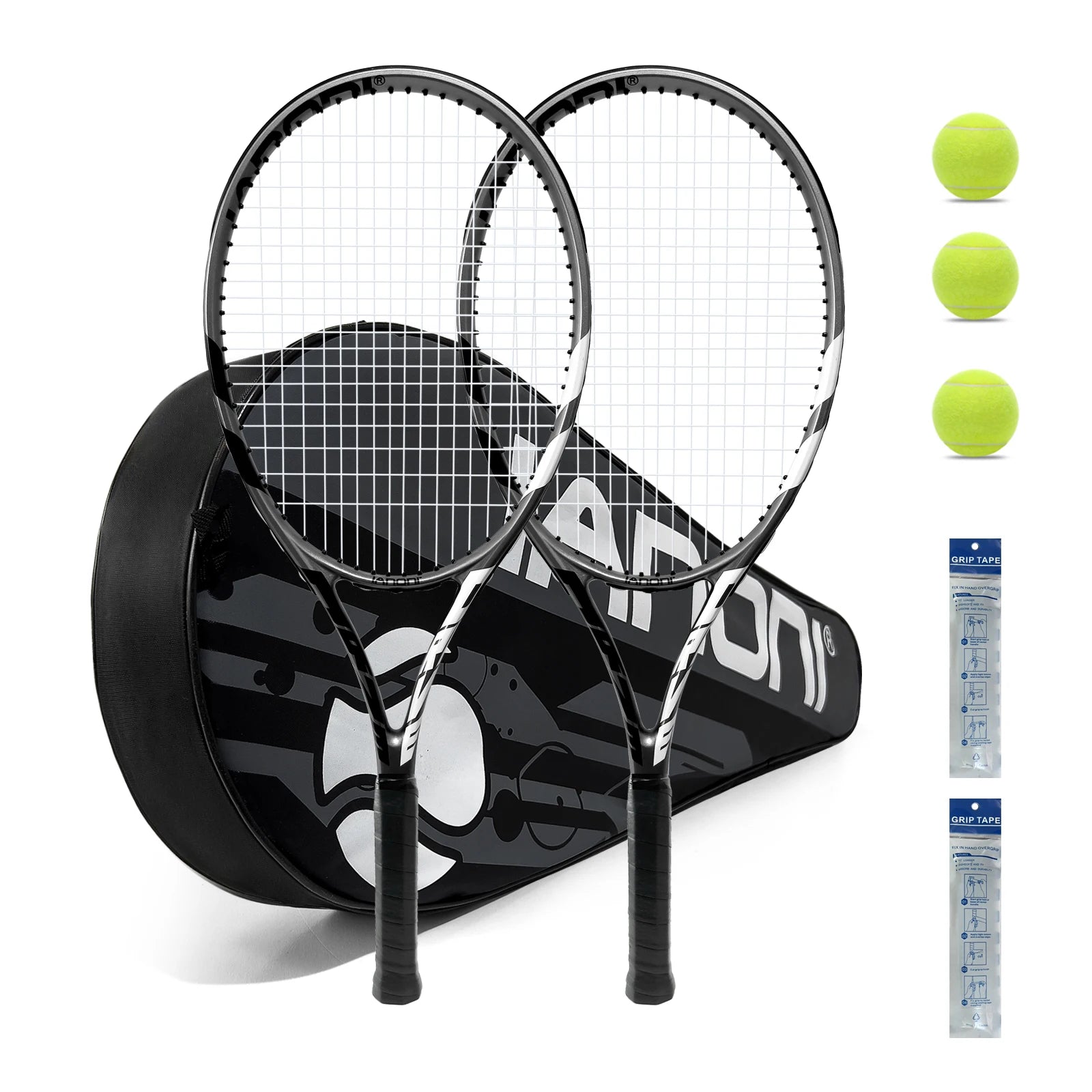 Adult Tennis Racket Set – 2 Pre-Strung 27” Racquets with Balls, Grips & Dampeners