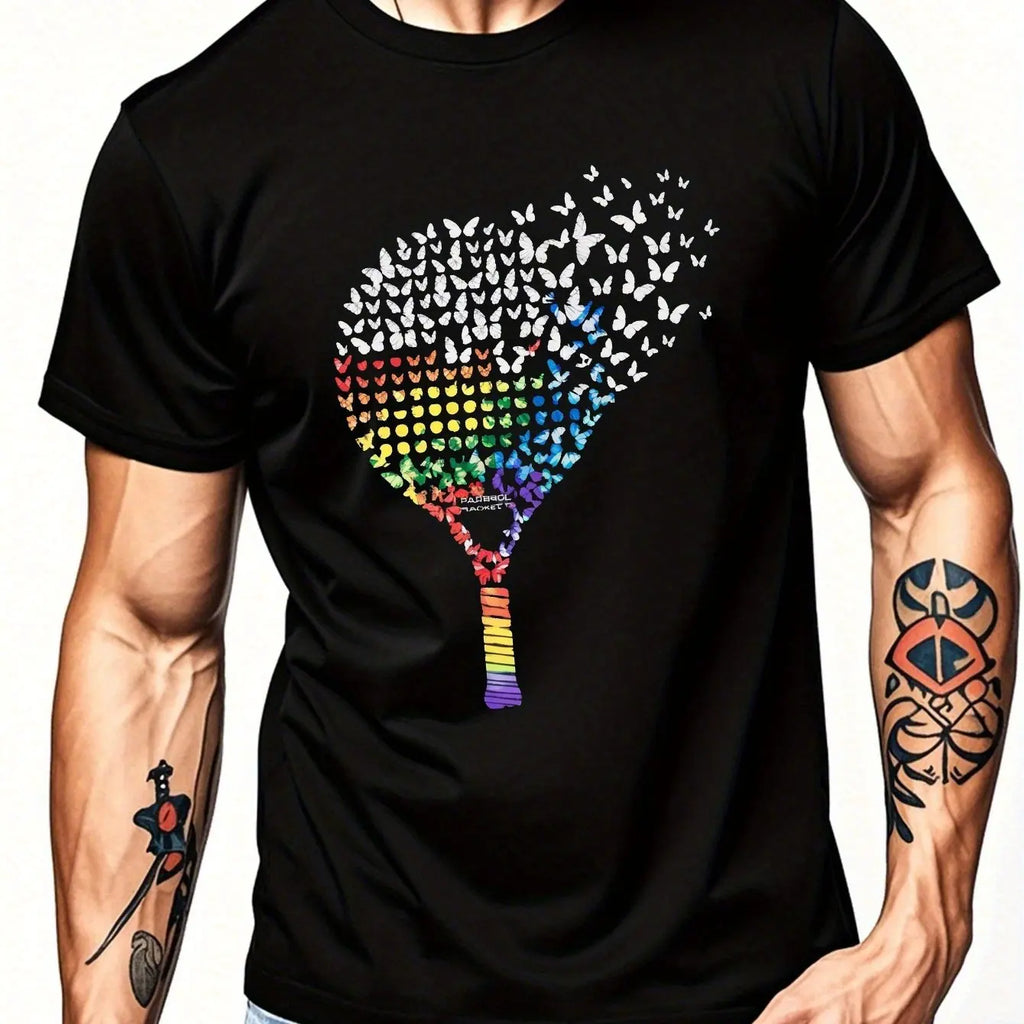 Men’s Padel T-Shirt – Black Casual Tee with Colorful Butterfly & Racket Graphic