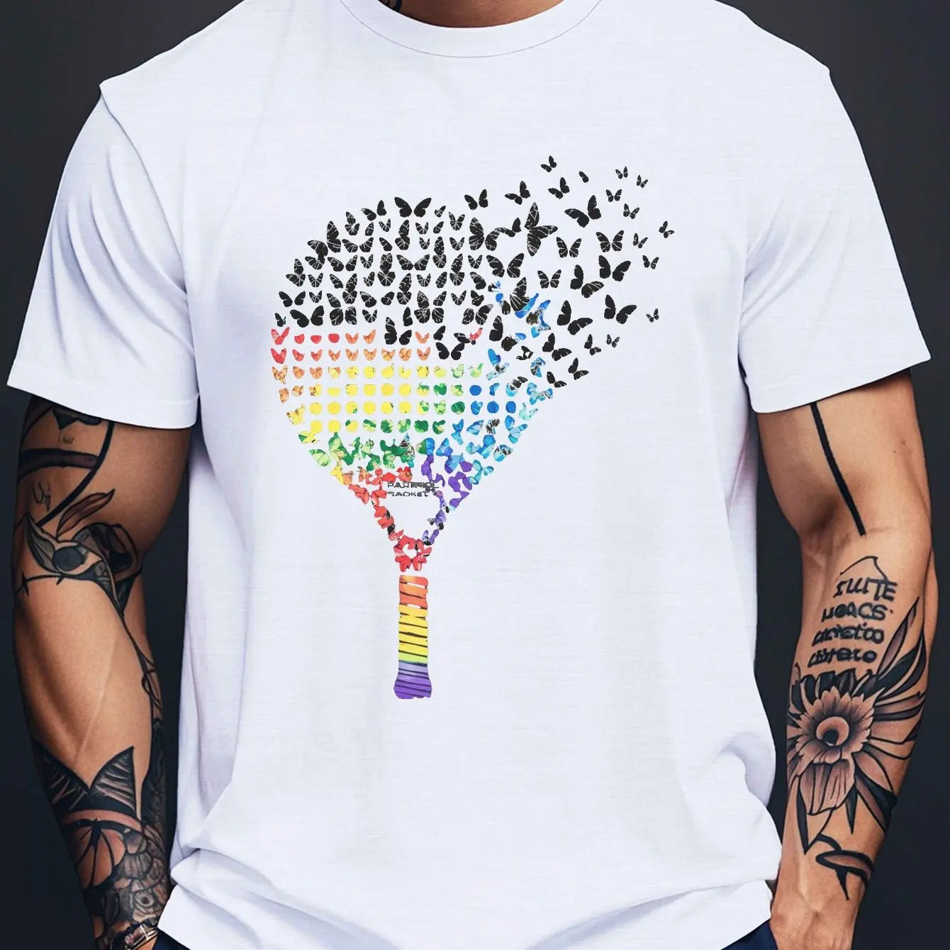 Men’s Padel T-Shirt – Black Casual Tee with Colorful Butterfly & Racket Graphic