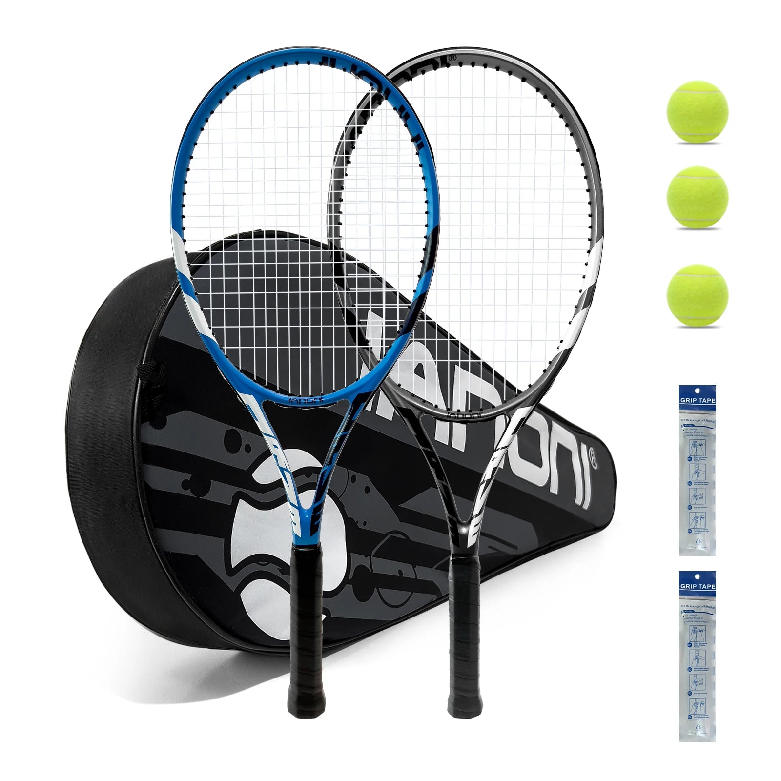 Adult Tennis Racket Set – 2 Pre-Strung 27” Racquets with Balls, Grips & Dampeners